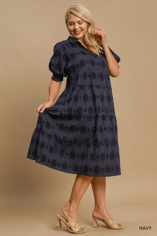 Circle Print Cotton Tiered Midi Dress in Navy