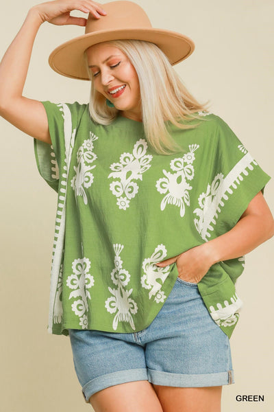 Green Print Poncho Style Top