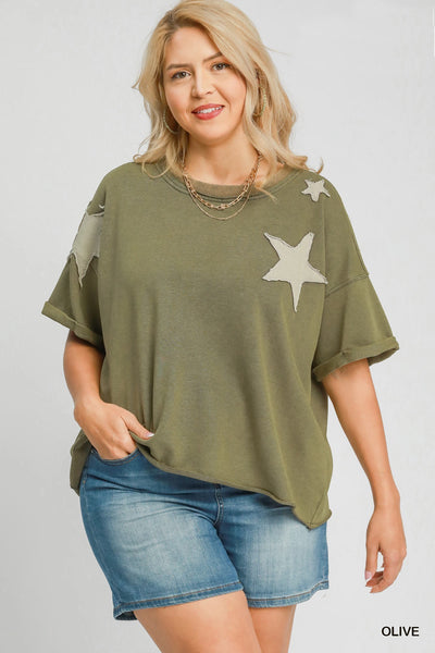 Star Patched Cotton Mineral Wash Tee in Olive