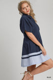 Two Tone Cotton Pleated Dress in Navy