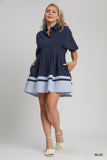 Two Tone Cotton Pleated Dress in Navy