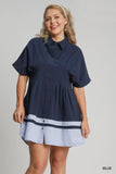 Two Tone Cotton Pleated Dress in Navy