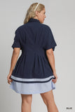 Two Tone Cotton Pleated Dress in Navy