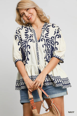 Navy & Cream Print Tassel Top