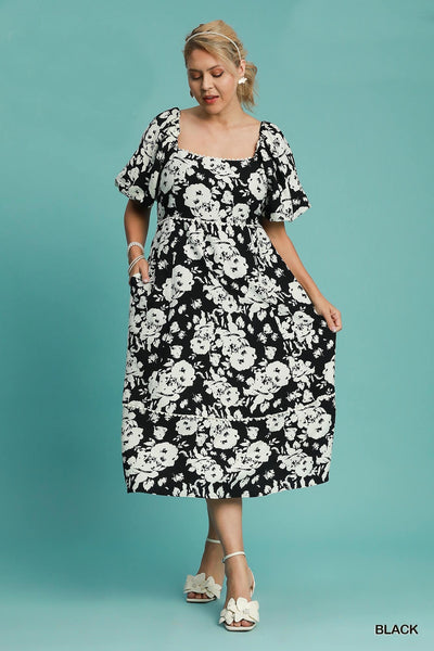 Black Print Midi Dress with White Scallop Trim