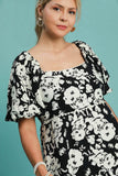 Black Print Midi Dress with White Scallop Trim
