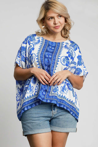 Floral Border Print Top in Blue