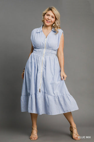 Cotton Striped Smocked Waist Zip Up Midi