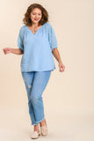 Cotton Puff Sleeve Applique Top in Blue