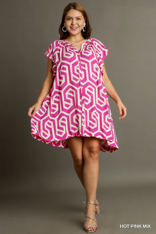 Geo Print Button Up Dress in Pink
