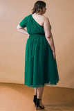 One Shoulder Tulle Midi Dress in Green