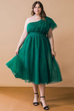One Shoulder Tulle Midi Dress in Green