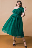 One Shoulder Tulle Midi Dress in Green