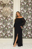 Off Shoulder Chiffon Gown in Black