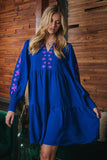 Pink Embroidered Tiered Dress in Royal Blue