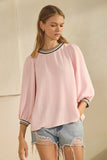 Contrast Stripe Collar LS Top in Pink