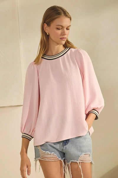 Contrast Stripe Collar LS Top in Pink