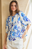 Crushed Satin Blue Floral Tie Top