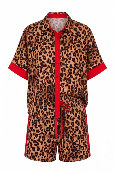 Animal Print with Contrast Red Two Piece Set