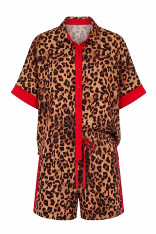 Animal Print with Contrast Red Two Piece Set