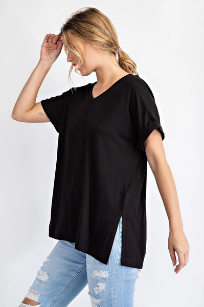 Essential V Neck Tunic Tee in Black