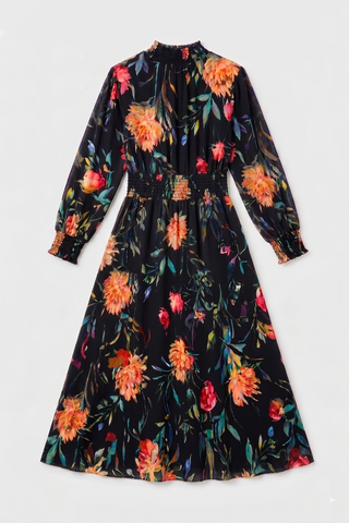 Black Floral LS Midi Dress