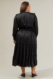 Satin Long Sleeve Tiered Midi in Black