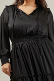 Satin Long Sleeve Tiered Midi in Black