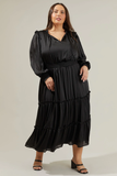 Satin Long Sleeve Tiered Midi in Black