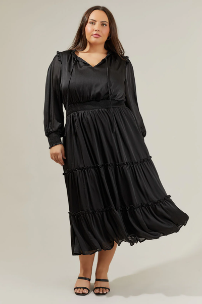 Satin Long Sleeve Tiered Midi in Black