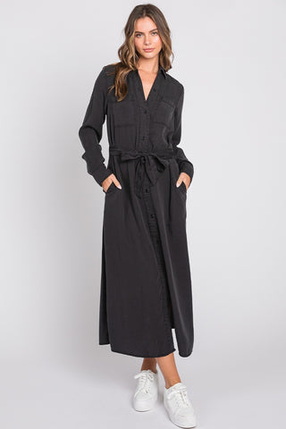 Washed Black Denim Maxi Shirt Dress