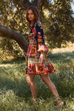 Border Print Navy Floral LS Dress