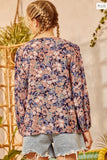 Blue & Taupe Floral Front Pleat Top