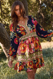 Border Print Navy Floral LS Dress