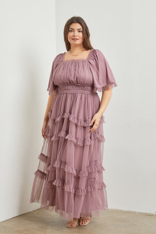 Soft Tulle Tiered Maxi Dress in Dusty Mauve