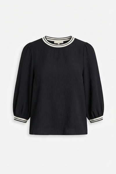 Contrast Stripe Collar LS Top in Black