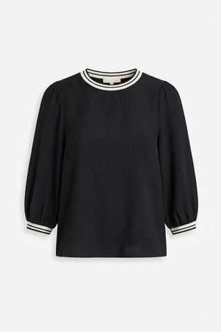 Contrast Stripe Collar LS Top in Black