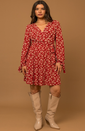 Rust Floral Faux Wrap Dress