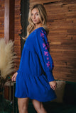 Pink Embroidered Tiered Dress in Royal Blue