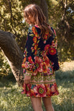 Border Print Navy Floral LS Dress