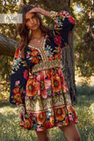 Border Print Navy Floral LS Dress