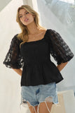 Sheer Circle Sleeve Smocked Cotton Top