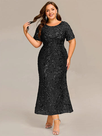 Round Neck Sequin Mermaid Formal Dress in Black