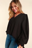Smocked Cuff  V Neck Pleat Top in Black