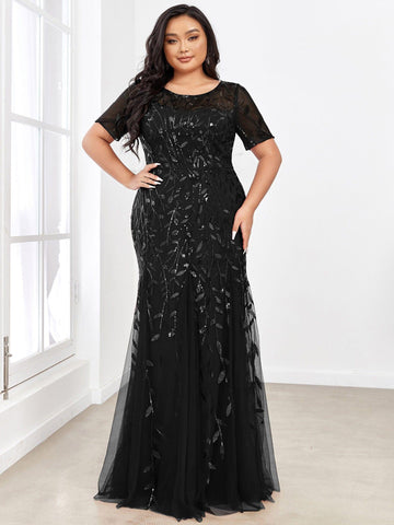 Floral Sequin with Tulle Inset Gown in Black