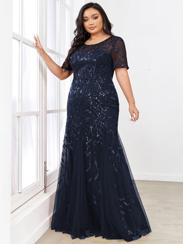 Floral Sequin with Tulle Inset Gown in Navy