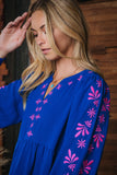 Pink Embroidered Tiered Dress in Royal Blue