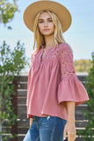 Lace Trim Bell Sleeve Top in Dusty Rose