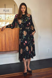 Black Floral LS Midi Dress