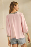 Contrast Stripe Collar LS Top in Pink